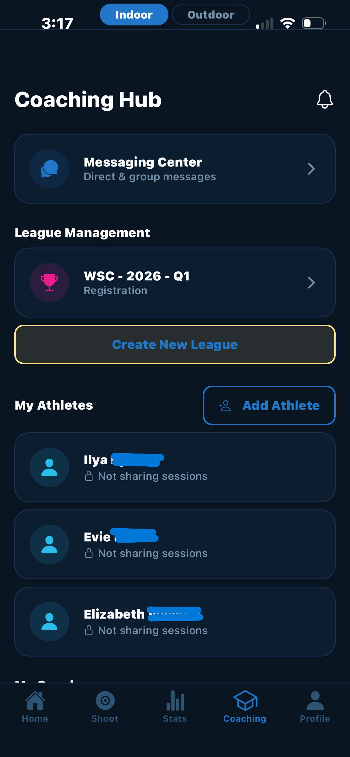 Coaching Hub overview with archer roster and conversation list