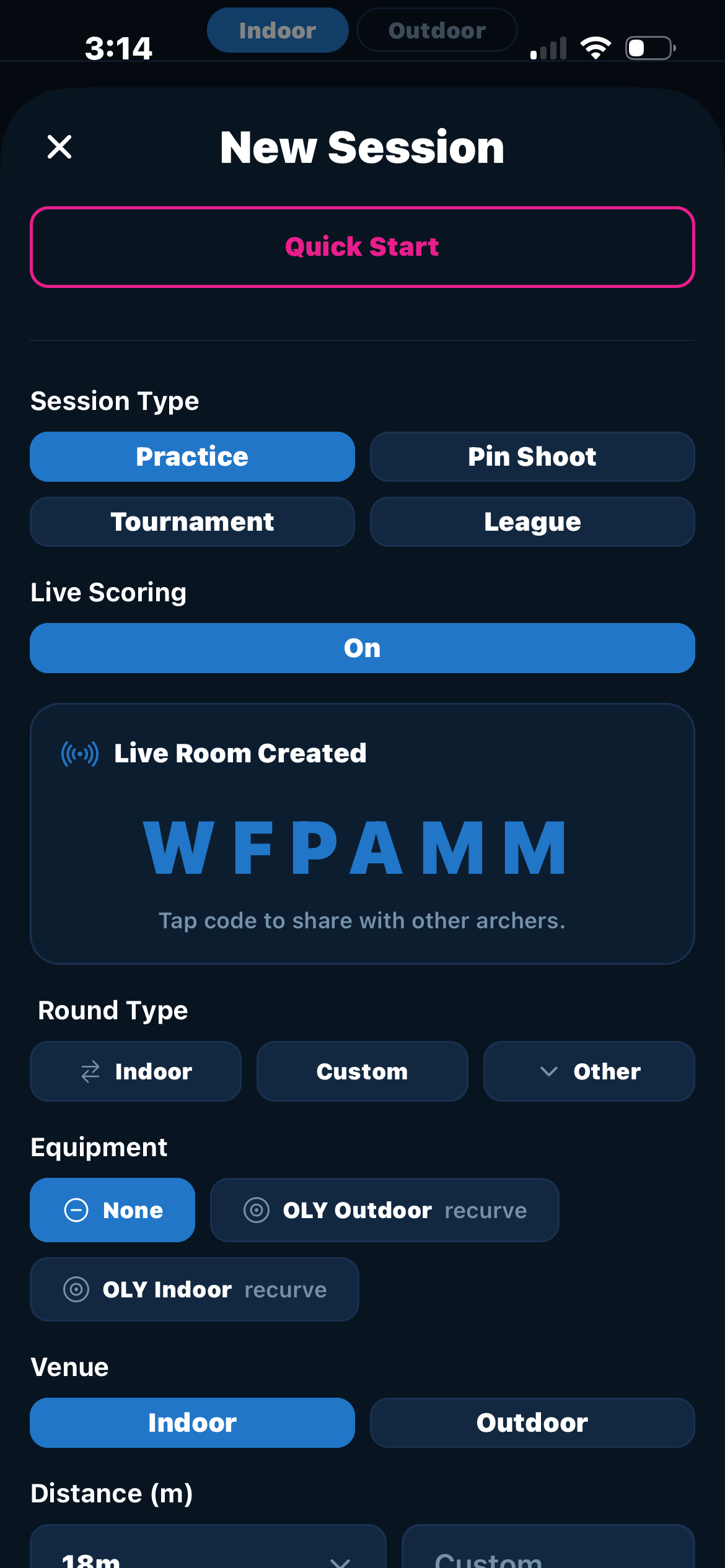 Create Live Room screen with room code generation for joining live scoring sessions