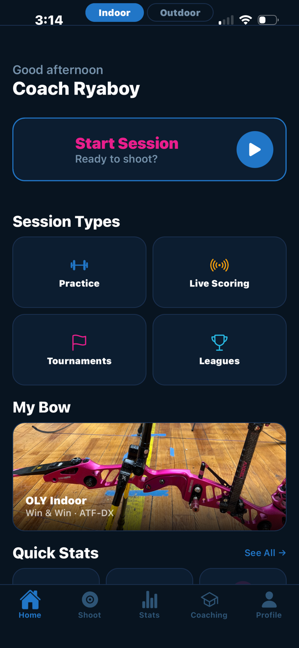 Updated Home screen with Global Filter Bar and session type entry cards including Live Scoring