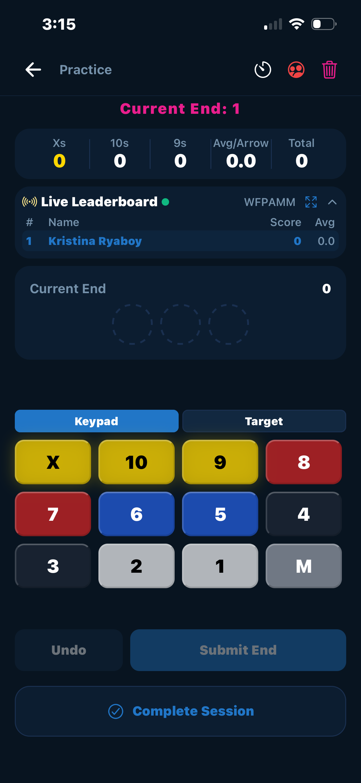 Live Room Scoring Page showing per-end score entry during a shared session