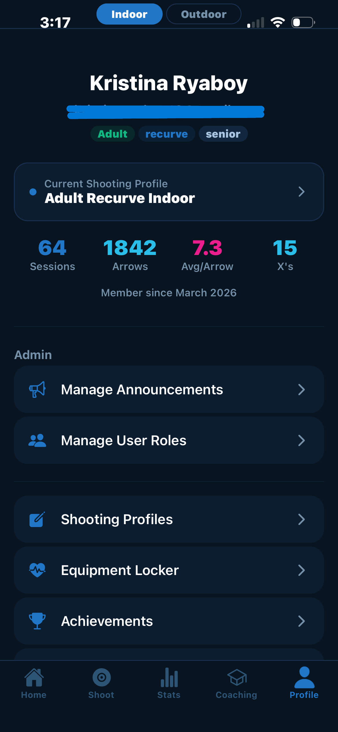 Updated profile page with multiple bow classes, division, and active shooting profile selection