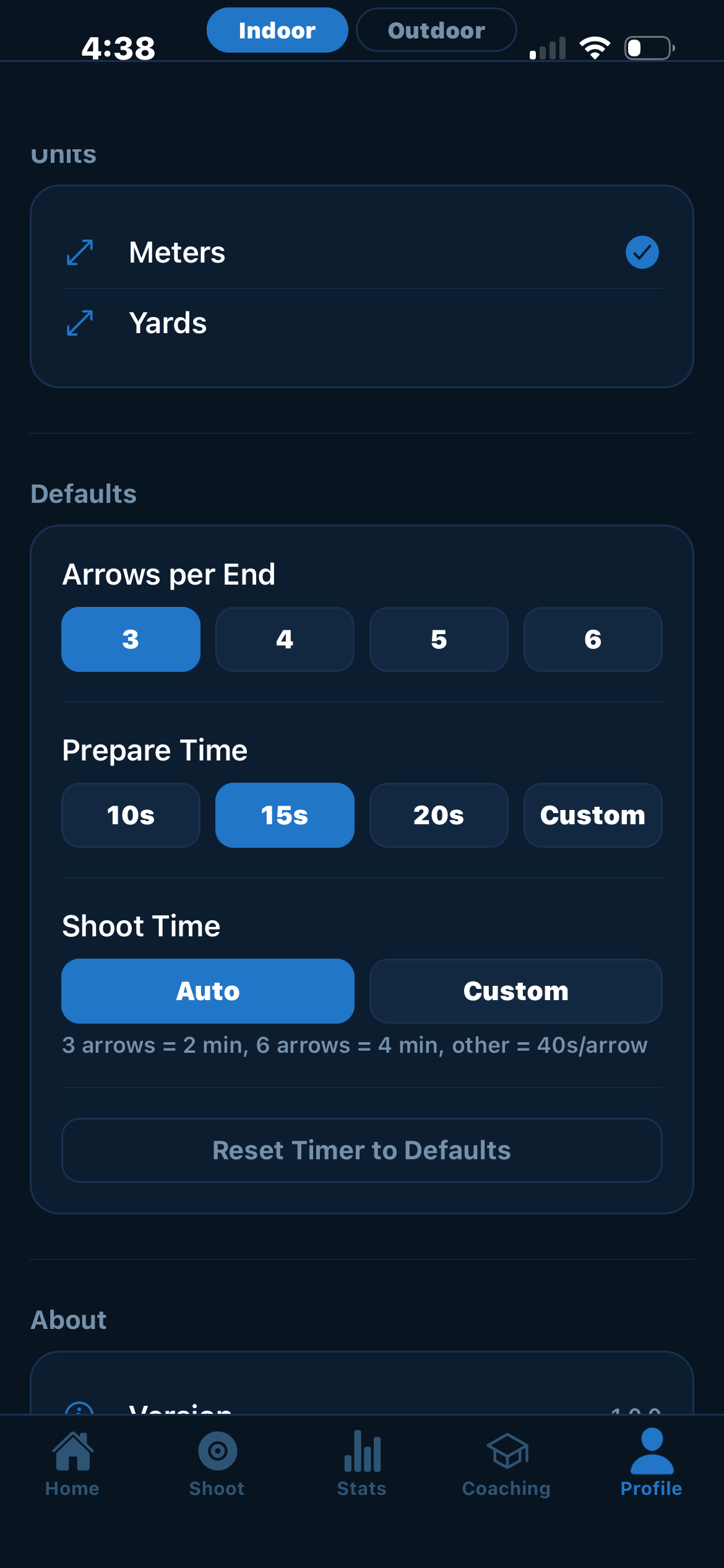 Shot Timer settings showing default time-per-arrow based on session type with manual adjustment options