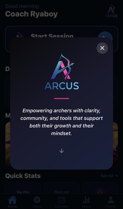 Arcus logo modal — mission statement overlay
