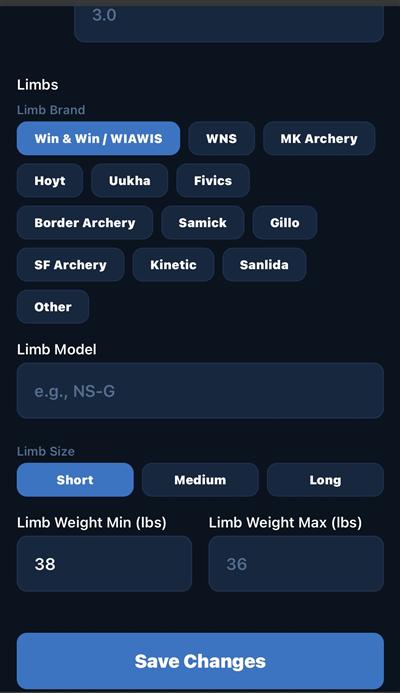 Bow entry scrolled — limbs configuration, limb brand, model, size, weight