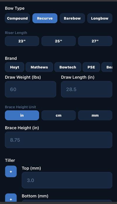 Bow entry — bow type, riser length, brand, draw weight and length, brace height, tiller