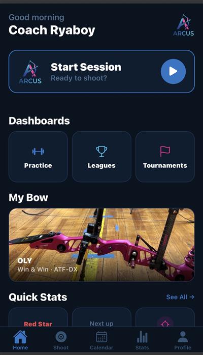 Home screen top — greeting, Start Session, Dashboards, My Bow