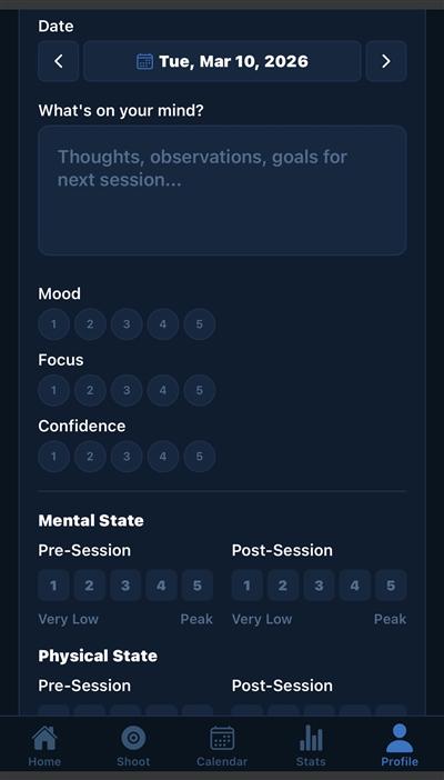 Journal entry — date, thoughts, mood/focus/confidence ratings, mental and physical state trackers