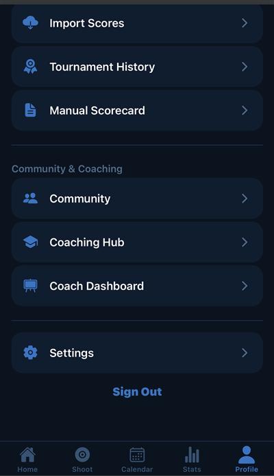 Profile scrolled further — community, coaching hub, coach dashboard, settings, sign out