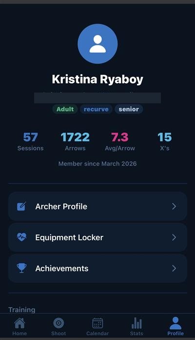 Profile top — user info, stats summary, archer profile, equipment locker, achievements