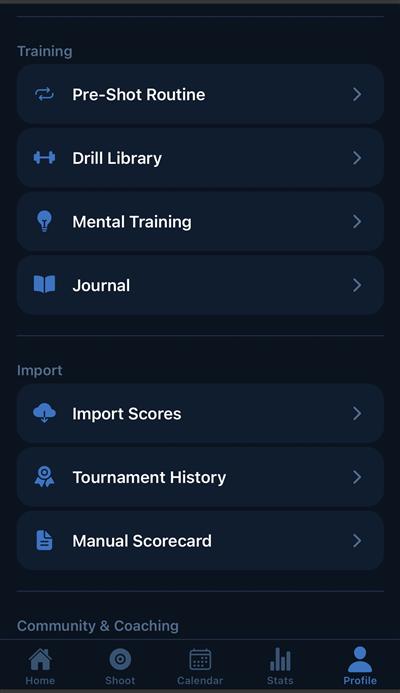 Profile scrolled — training section with pre-shot routine, drill library, mental training, journal