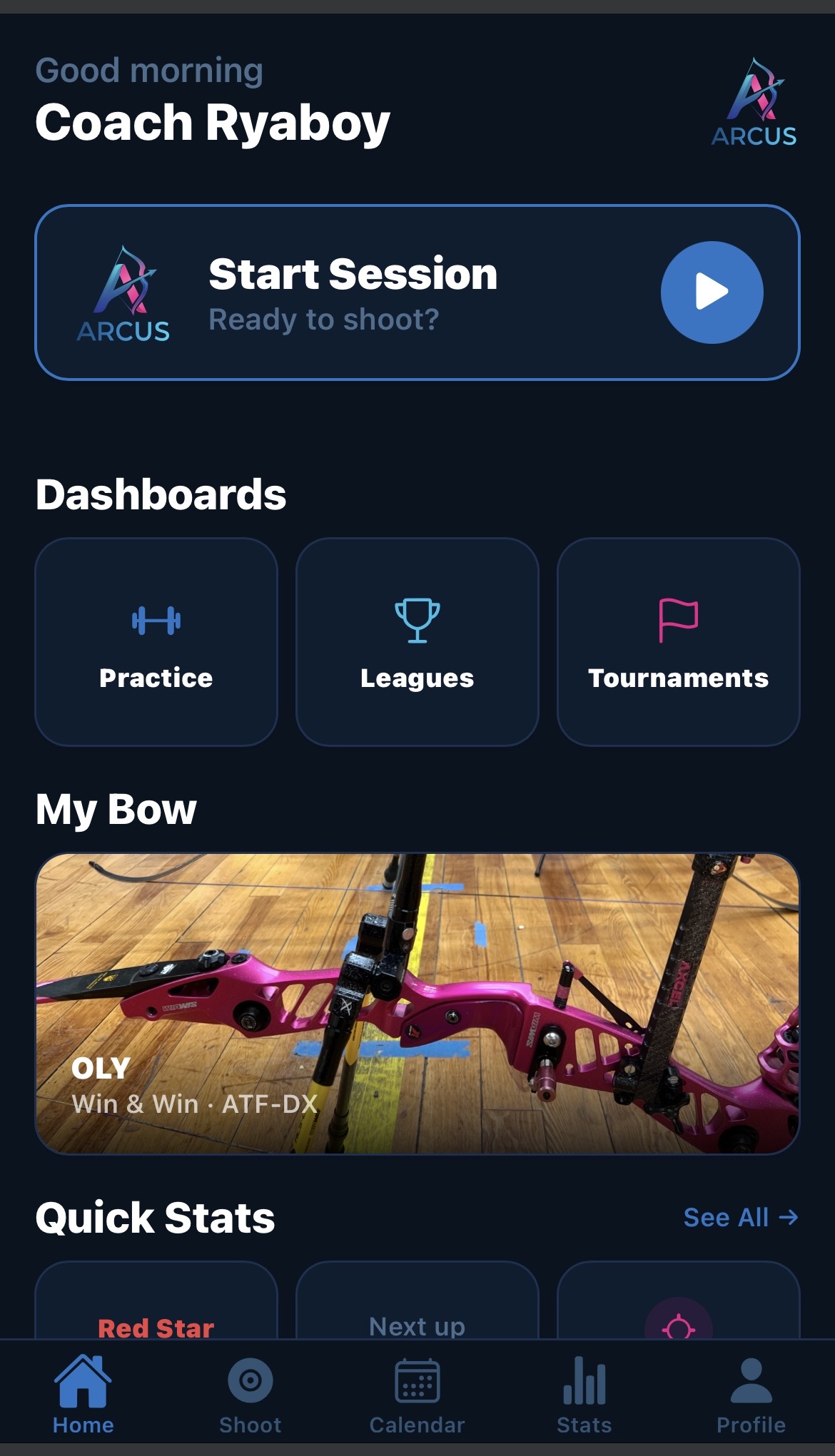 Original Home screen with greeting, Start Session, Dashboards, and My Bow blocks
