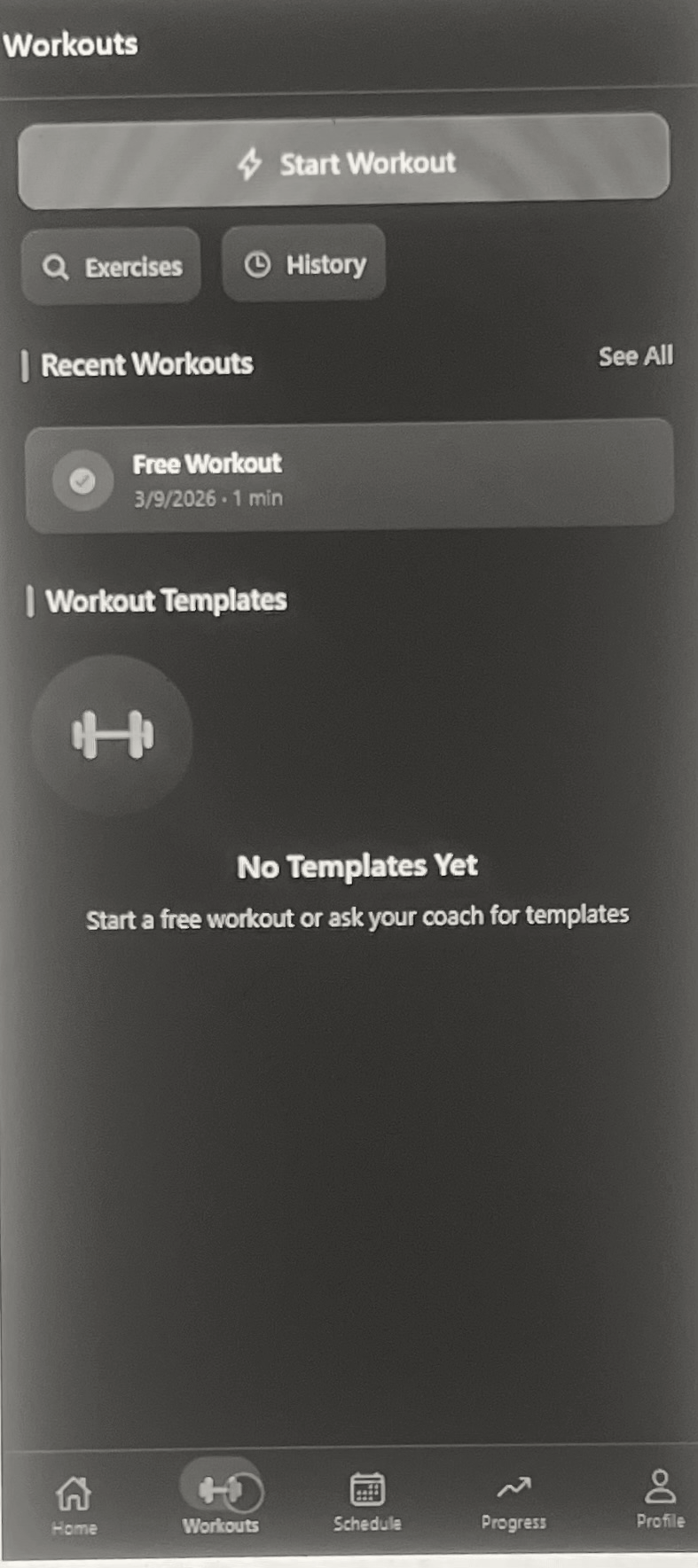 Digital wireframe — Workouts screen
